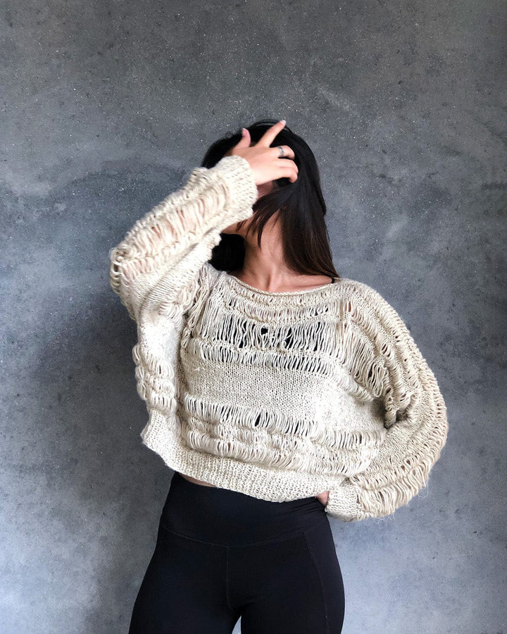 All Natural Hand Knit Gypsy White 100% Wool Hemp Pullover