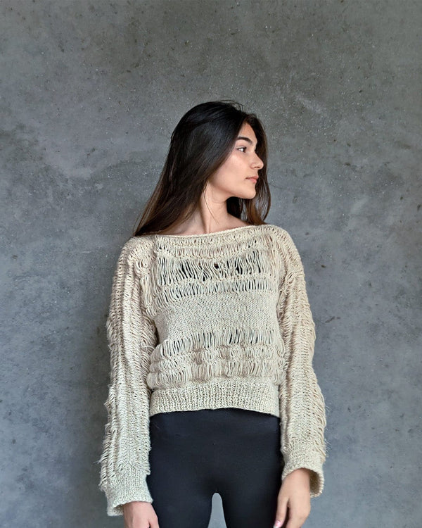 All Natural Hand Knit Gypsy White 100% Wool Hemp Pullover