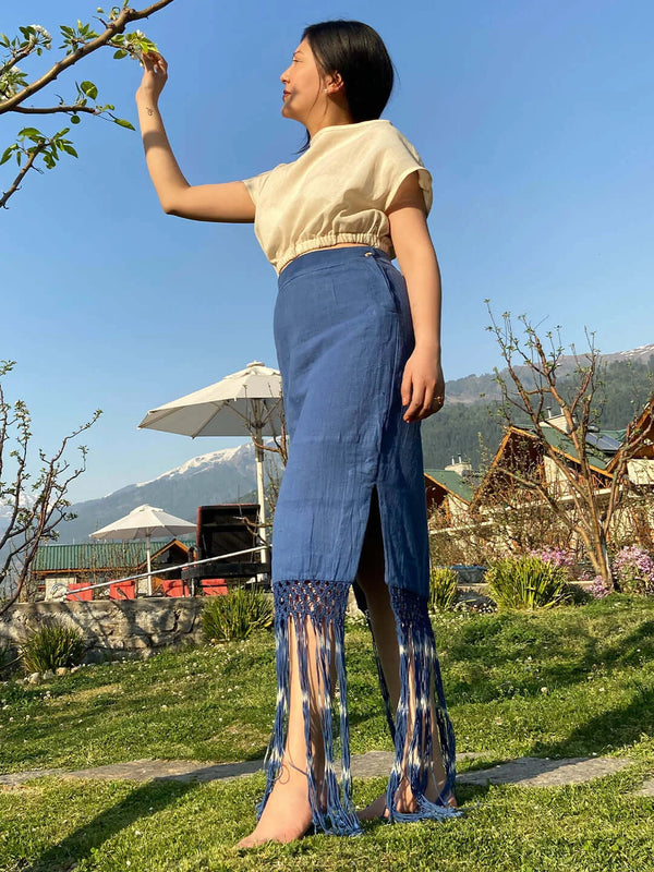 Bisou Indigo Fringed Skirt Kala Cotton Summer Breeze Circular Design The Humane Collective