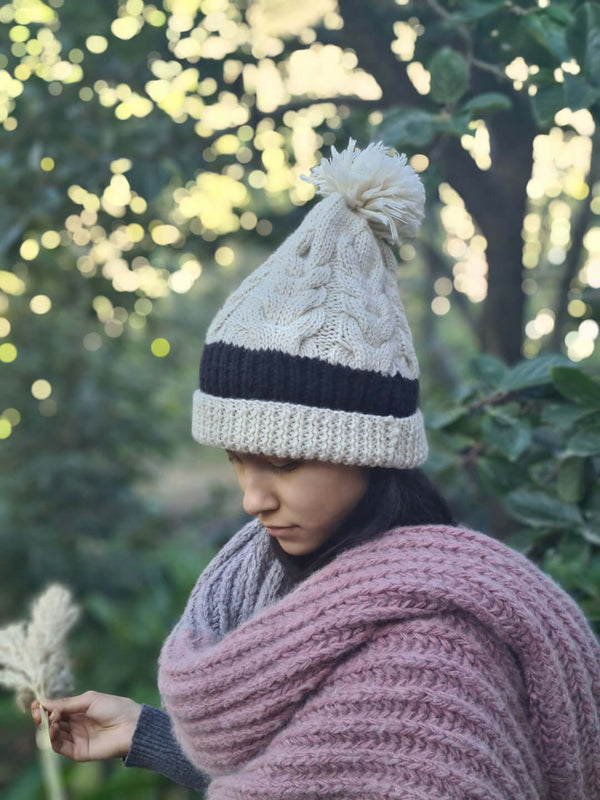 All Natural Hand Knit Pure wool Cable Knit Beanie with pom-pom