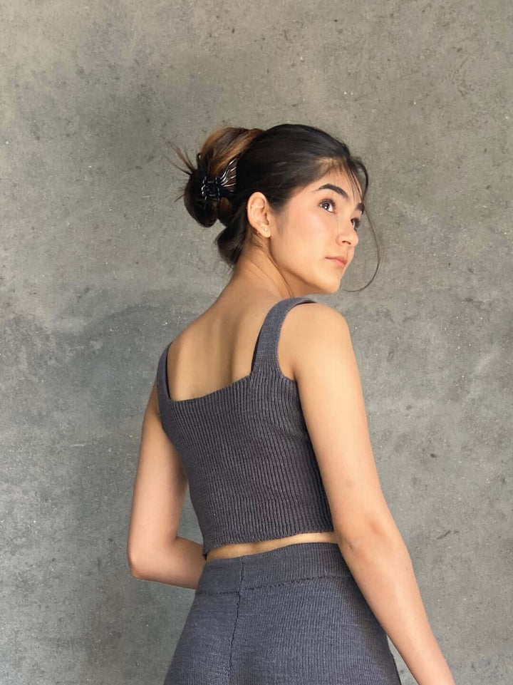 100% Natural Hand Knit Foxys Steel Pure Merino Wool Crop Top