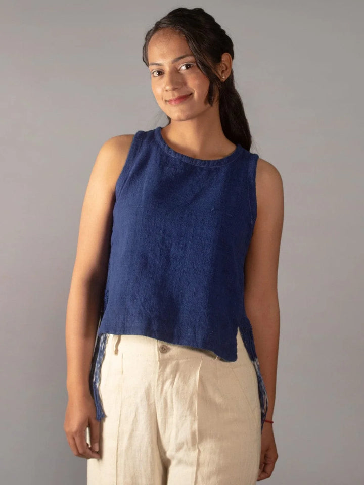 All Natural Gale Indigo Sleeveless Top Handspun, Handwoven Kala Cotton The Humane Collective