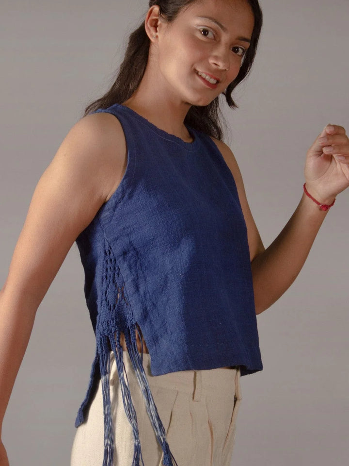 All Natural Gale Indigo Sleeveless Top Handspun, Handwoven Kala Cotton The Humane Collective