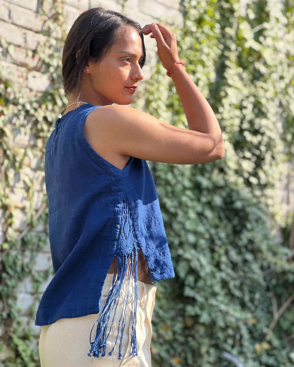 All Natural Gale Indigo Sleeveless Top Handspun, Handwoven Kala Cotton The Humane Collective