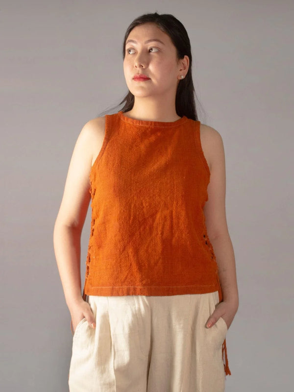 Hand Knit All Natural Knotted Dreams Indus Red Sleeveless Top rain fed, indigenous handspun, handwoven kala cotton. Dyed in Azo Free Indus Red Shade The Humane Collective