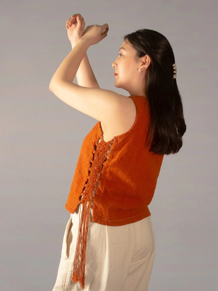 Hand Knit All Natural Knotted Dreams Indus Red Sleeveless Top rain fed, indigenous handspun, handwoven kala cotton. Dyed in Azo Free Indus Red Shade The Humane Collective