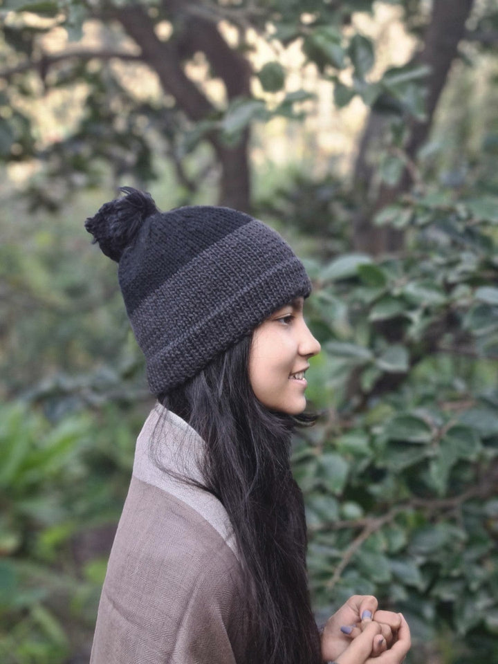 Natural Hand Knit Woollen Shades of Night Merino Cap with pom-pom