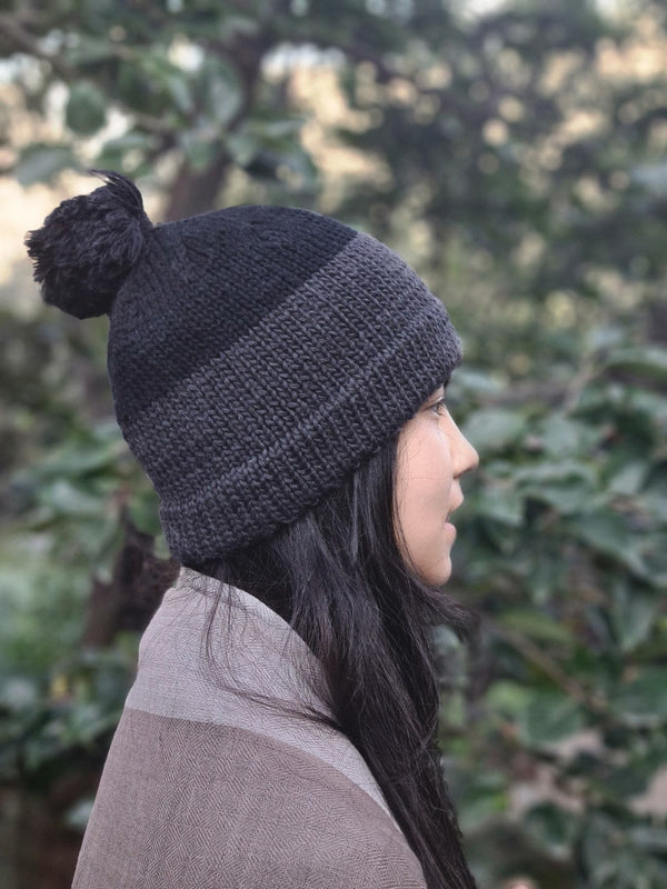 Natural Hand Knit Woollen Shades of Night Merino Cap with pom-pom