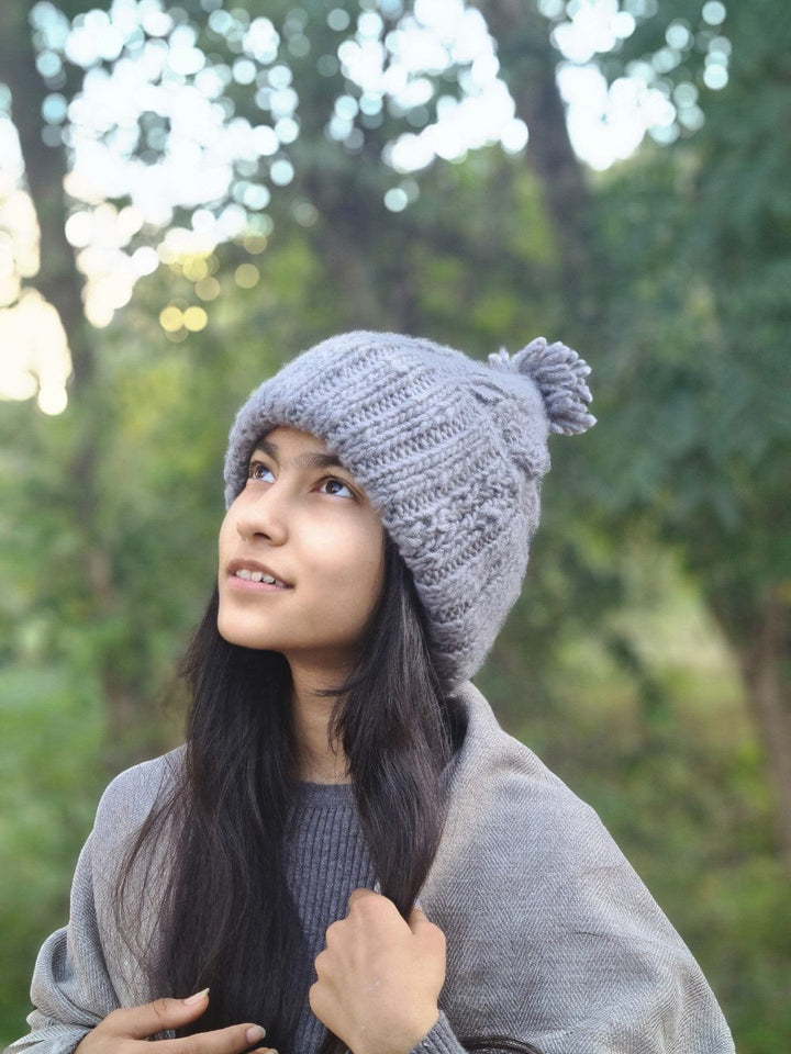 Hand knit woollen Steel Angora Beanie with Pom - Pom