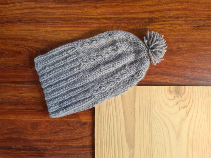 Hand knit woollenSteel Angora Beanie with Pom - Pom