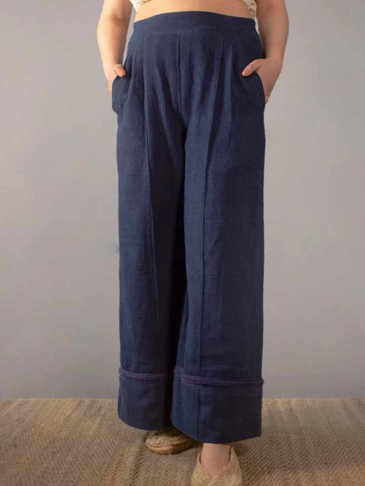 Ukiyo Indigo Flare Pants Kala Cotton HANDMADE COMMUNITY MADE CIRCULAR DESIGN SUSTAINABLE NATURAL CLOTHING THE HUMANE COLLECTIVE