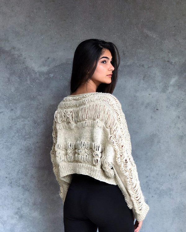 All Natural Hand Knit Gypsy White 100% Wool Hemp Pullover