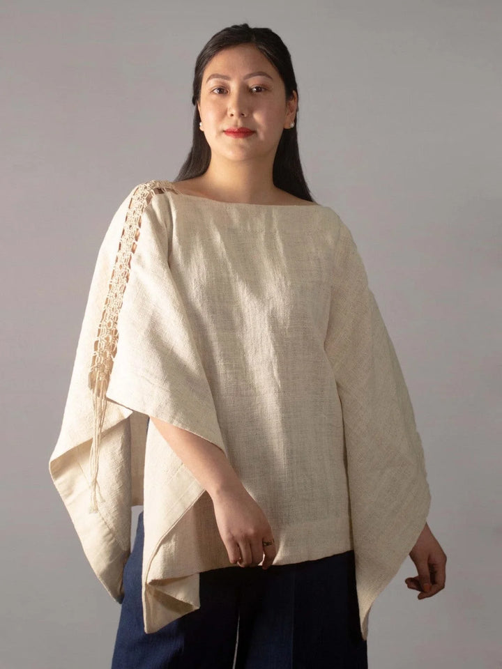 Hand Knit Kalla Cotton Wanderlust Natural White Poncho Handspun, Handwoven The Humane Collective