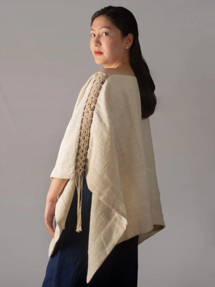 Hand Knit Kalla Cotton Wanderlust Natural White Poncho Handspun, Handwoven The Humane Collective