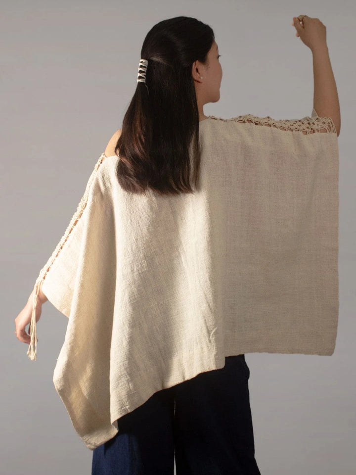 Hand Knit Kalla Cotton Wanderlust Natural White Poncho Handspun, Handwoven The Humane Collective