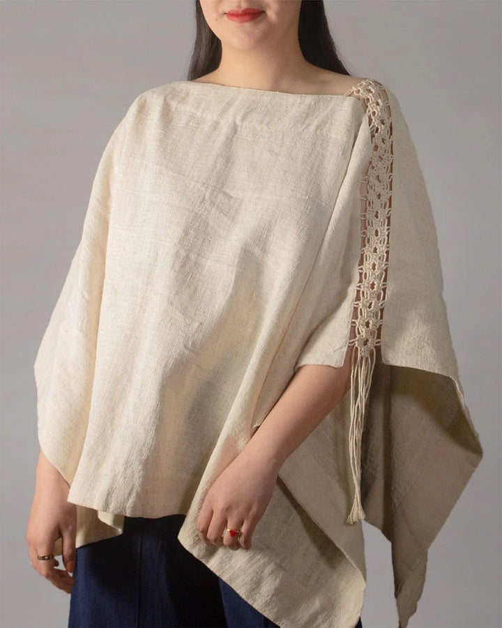 Hand Knit Kalla Cotton Wanderlust Natural White Poncho Handspun, Handwoven The Humane Collective