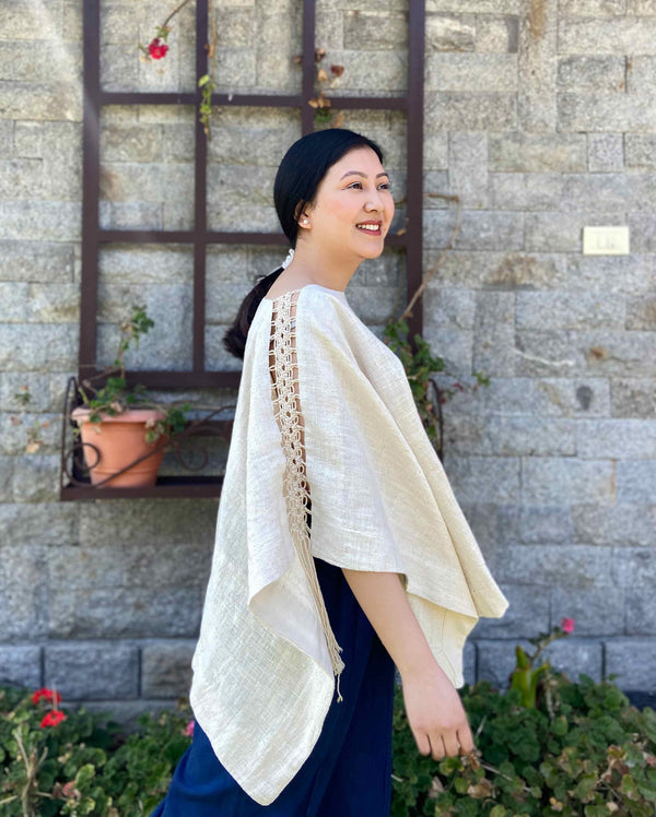 Hand Knit Kalla Cotton Wanderlust Natural White Poncho Handspun, Handwoven The Humane Collective