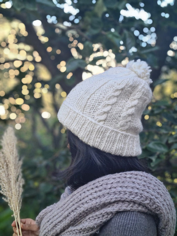 Natural Hand Knit White Angora Beanie with Pom - Pom