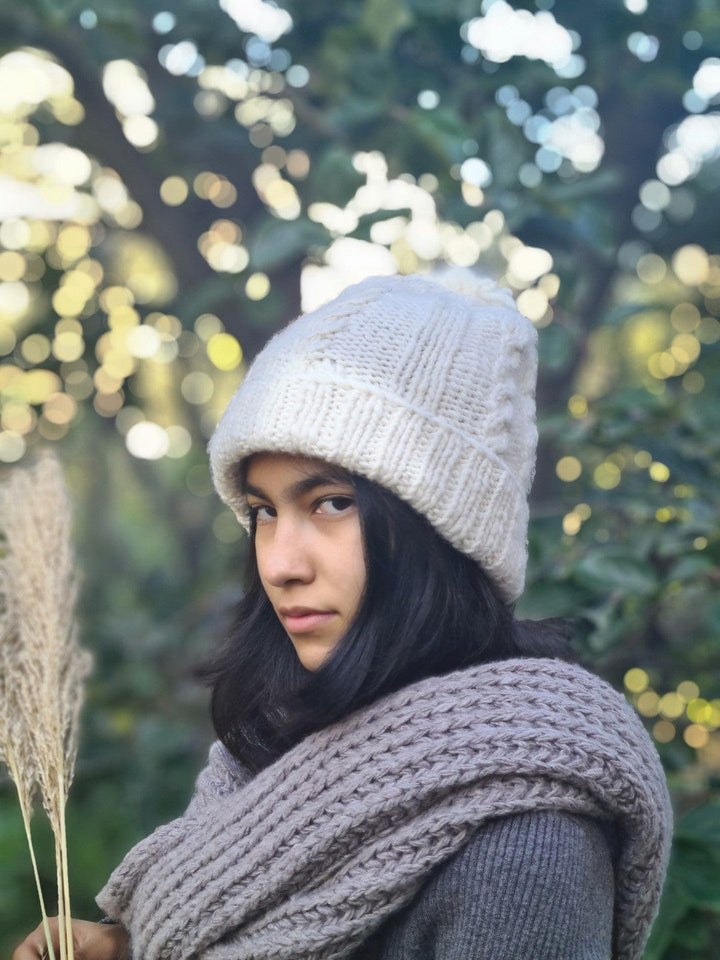 Natural Hand Knit White Angora Beanie with Pom - Pom