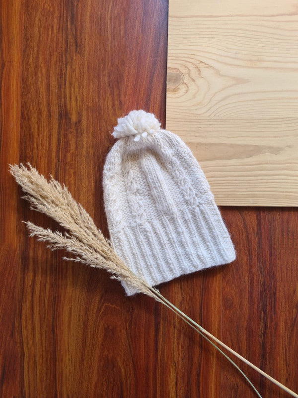 Natural Hand Knit White Angora Beanie with Pom - Pom