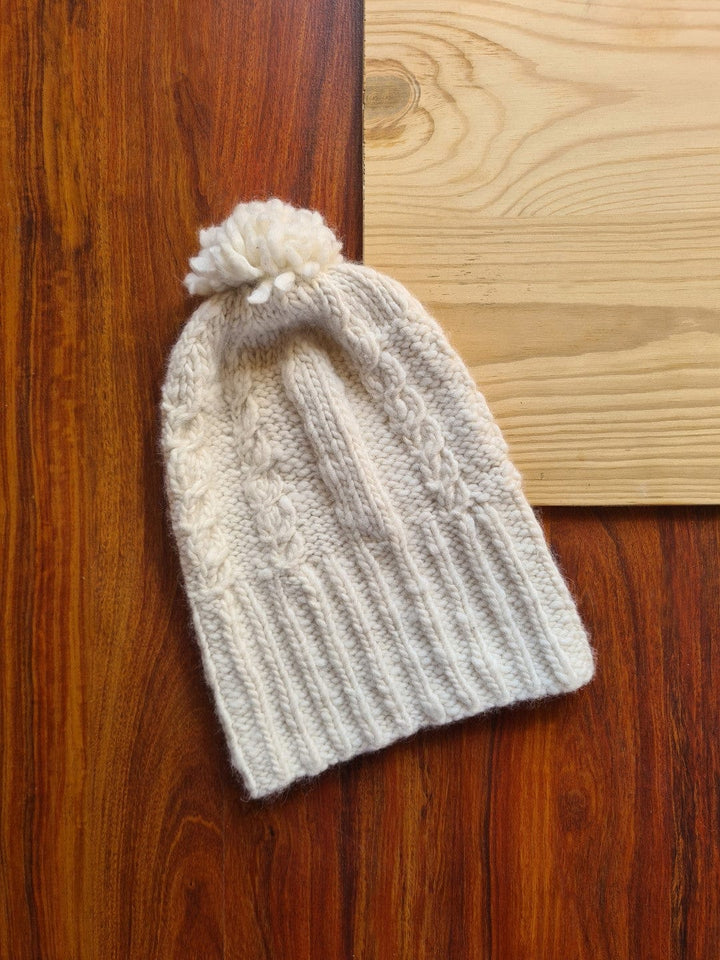 Natural Hand Knit White Angora Beanie with Pom - Pom