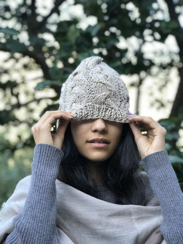 Natural Hand Knit White Cable Knit Hemp + Wool Cap