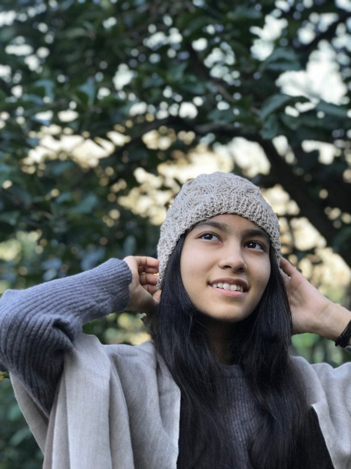 Natural Hand Knit White Cable Knit Hemp + Wool Cap